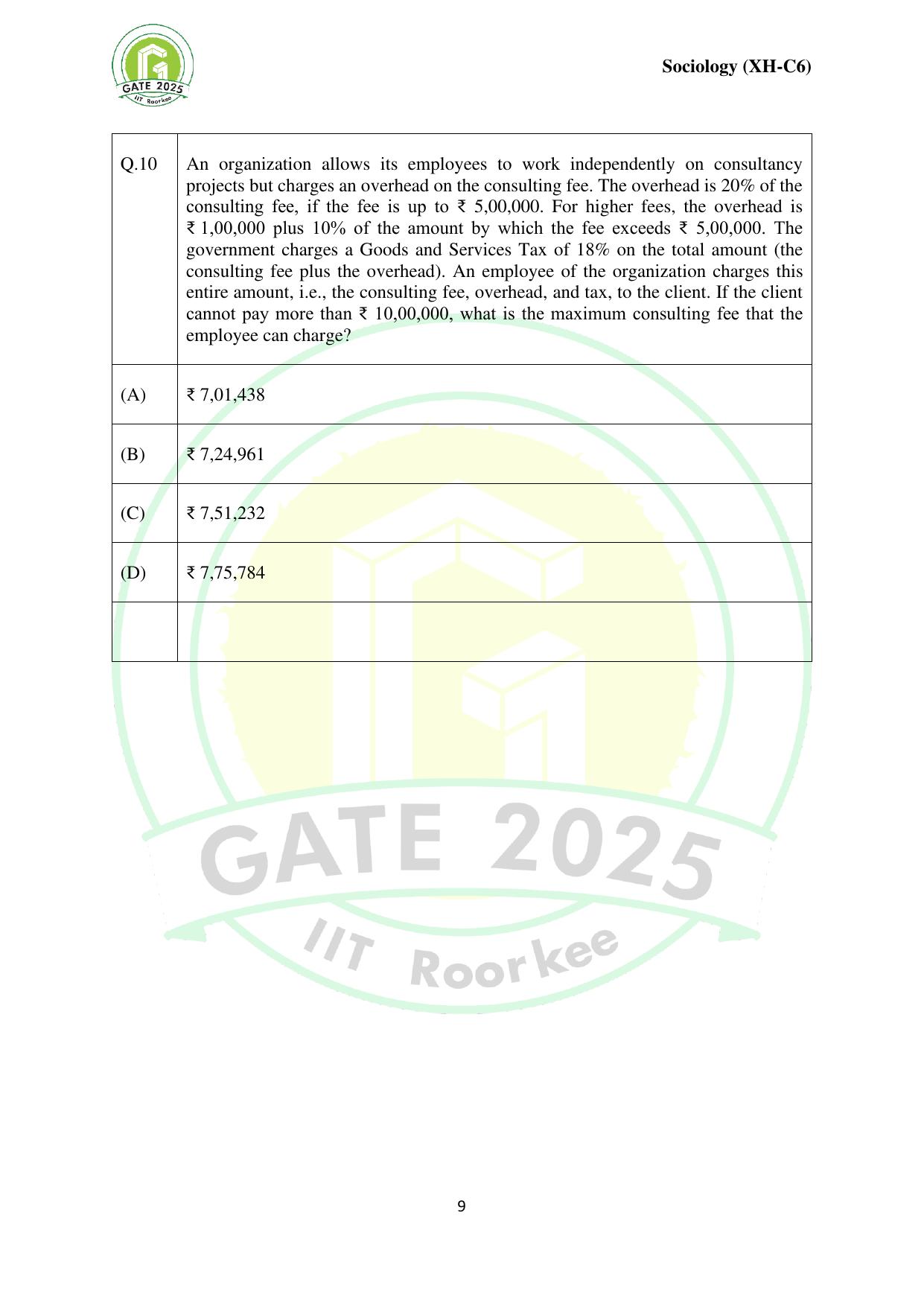 GATE 2025 Humanities & Social Sciences - Sociology (XH-C6) Question Paper - Page 9