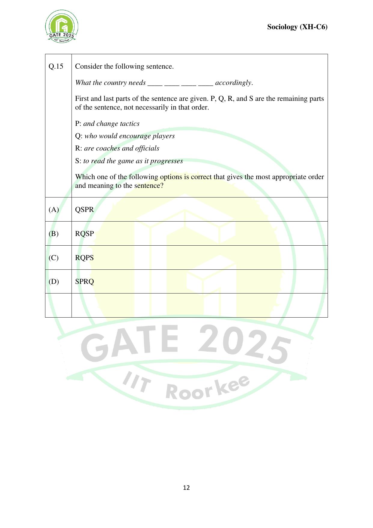GATE 2025 Humanities & Social Sciences - Sociology (XH-C6) Question Paper - Page 12