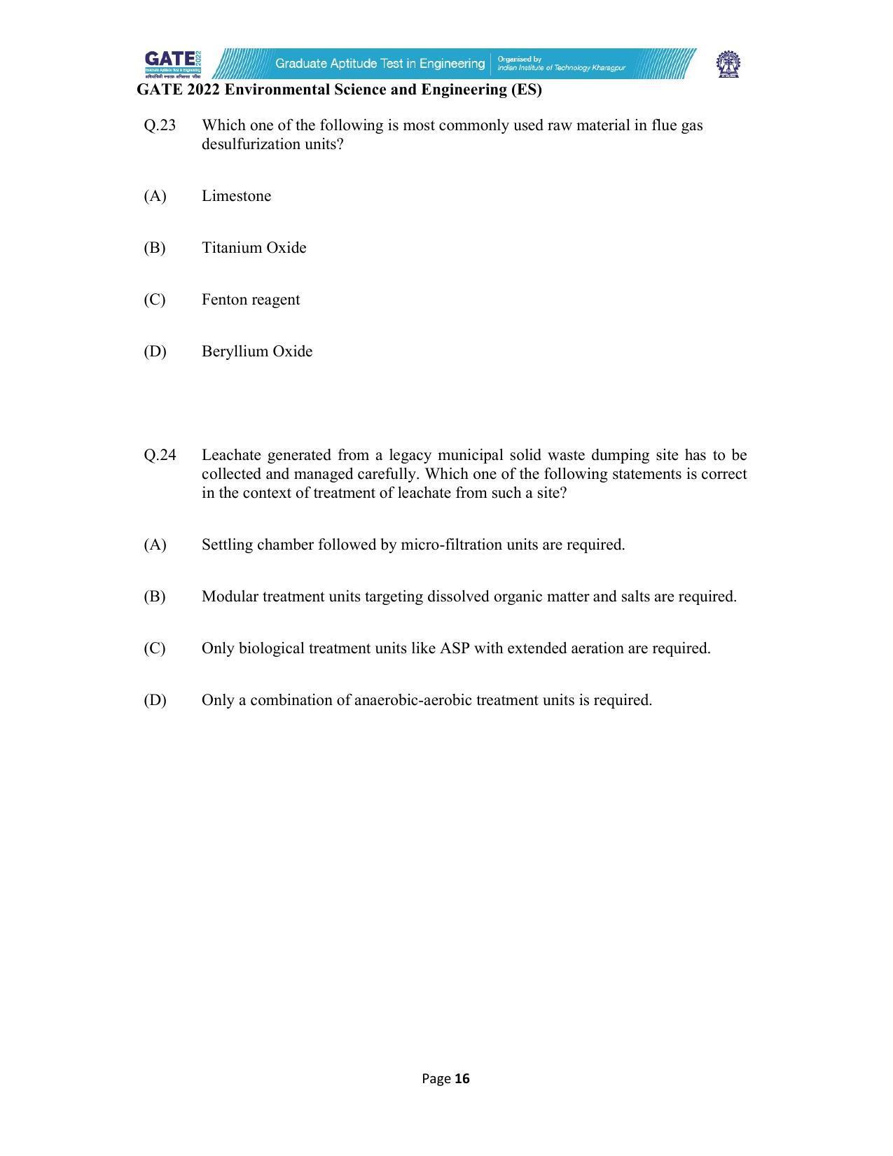 GATE 2022 Environmental Science & Engineering (ES) Question Paper - Page 16