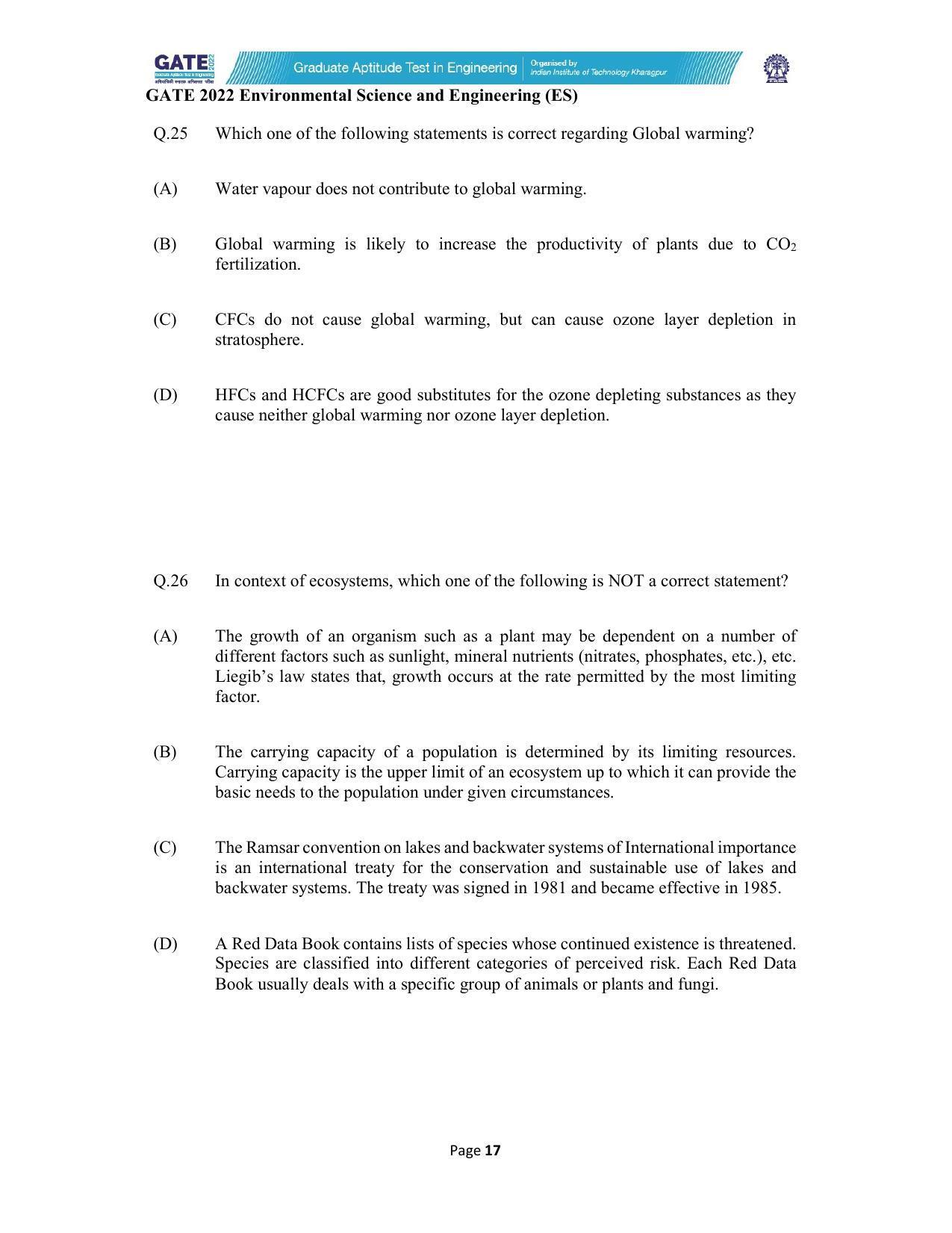 GATE 2022 Environmental Science & Engineering (ES) Question Paper - Page 17