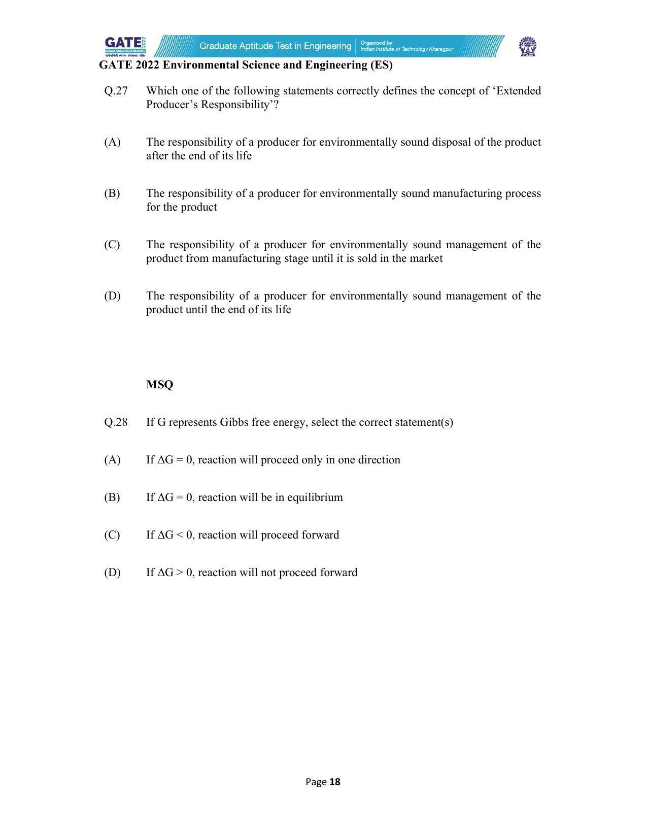GATE 2022 Environmental Science & Engineering (ES) Question Paper - Page 18