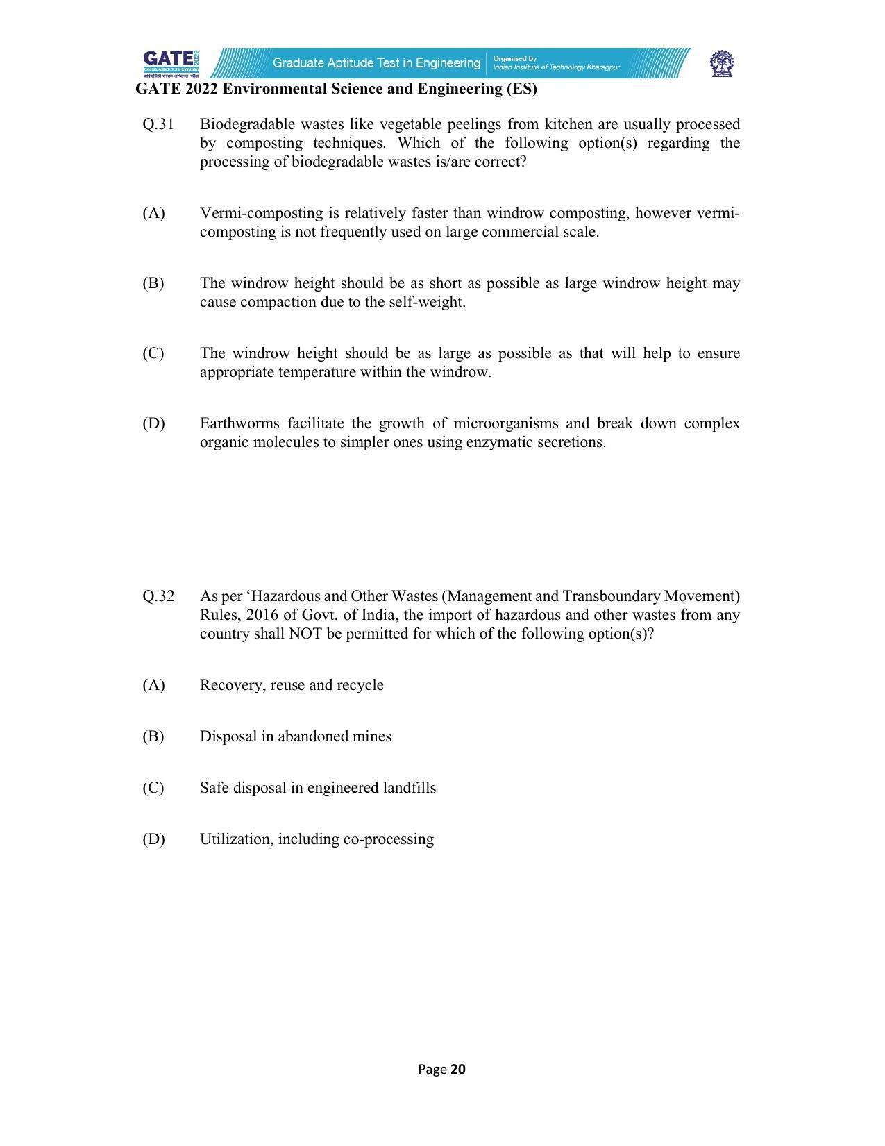 GATE 2022 Environmental Science & Engineering (ES) Question Paper - Page 20