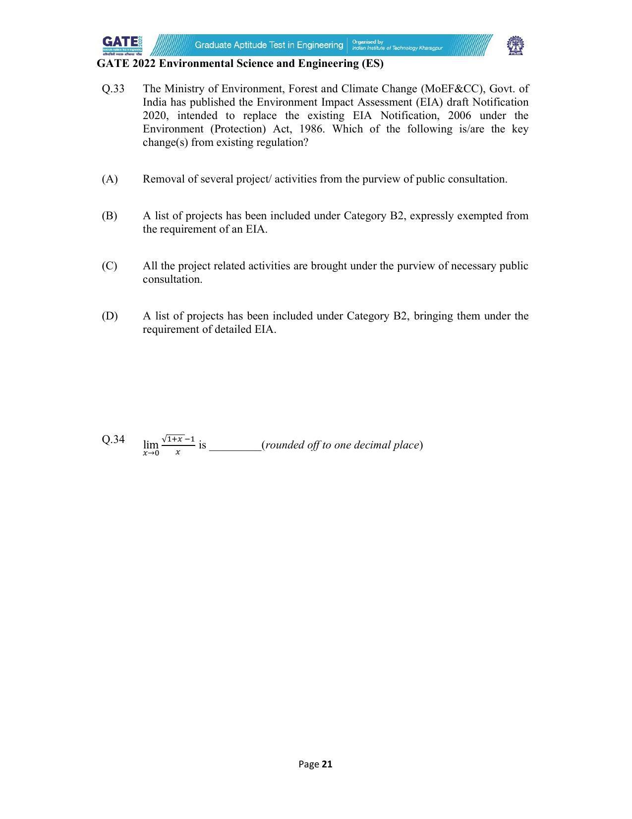 GATE 2022 Environmental Science & Engineering (ES) Question Paper - Page 21