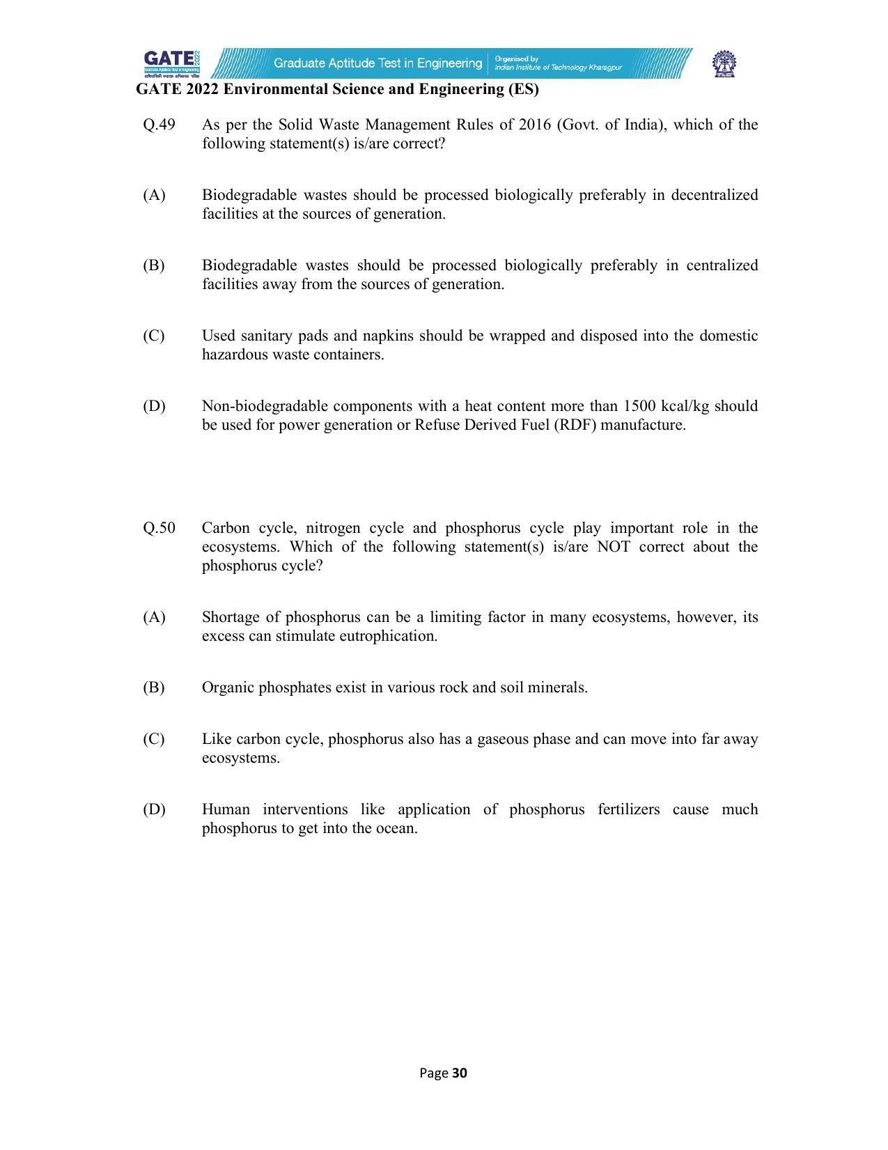 GATE 2022 Environmental Science & Engineering (ES) Question Paper - Page 30