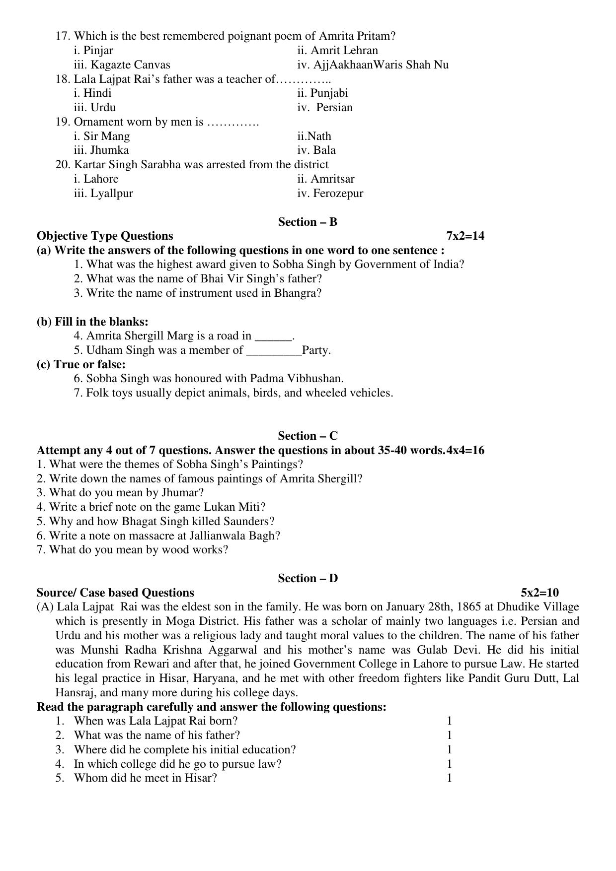 PSEB 10th Punjab History and Culture- B Paper A Model Paper 2025 - Page 3