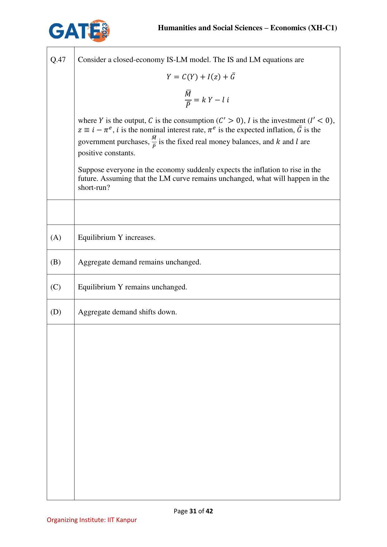 GATE 2023 Humanities & Social Sciences – Economics (XH-C1) Question Paper - Page 31