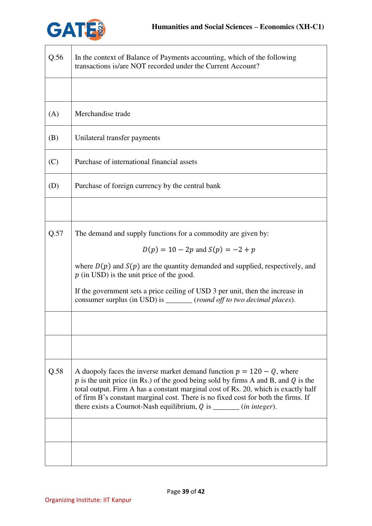 GATE 2023 Humanities & Social Sciences – Economics (XH-C1) Question Paper - Page 39