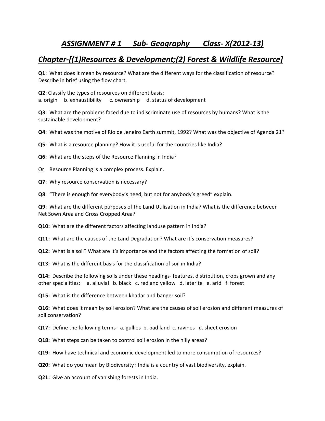 CBSE Worksheets for Class 10 Social Science Geography Forest and Wildlife Resources Assignment 2 - Page 1