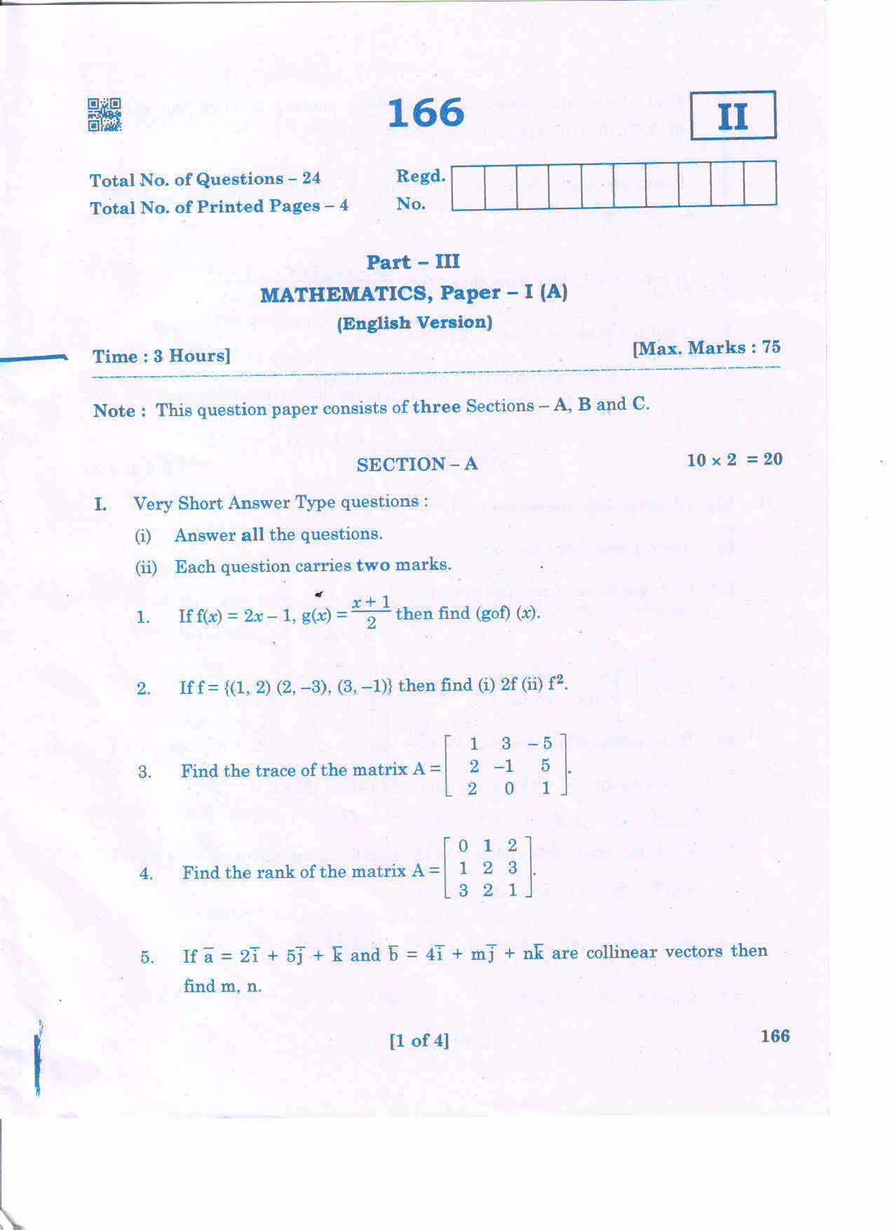 AP 2nd Year General Question Paper March - 2020 - MATHS-IA(EM) - Page 1