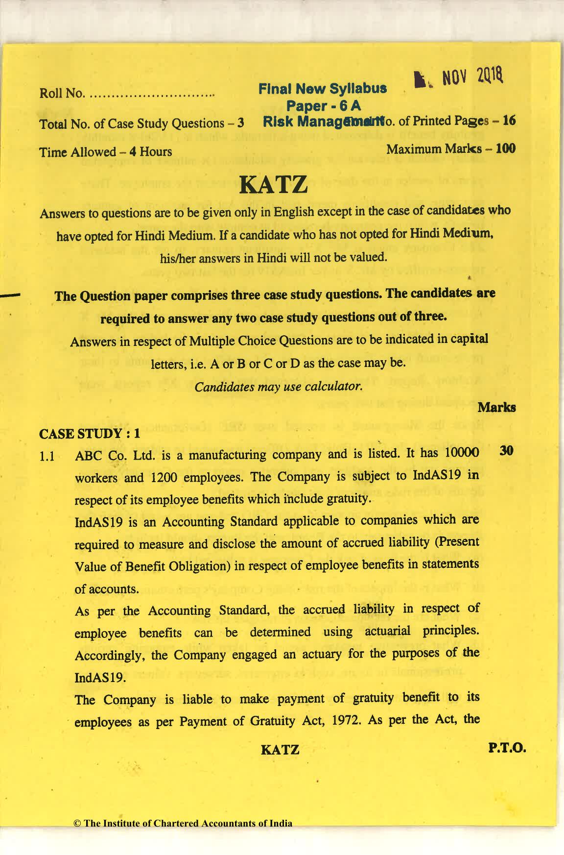 CA Final Nov 2018 Question Paper - Paper 6A – Risk Management - Page 1