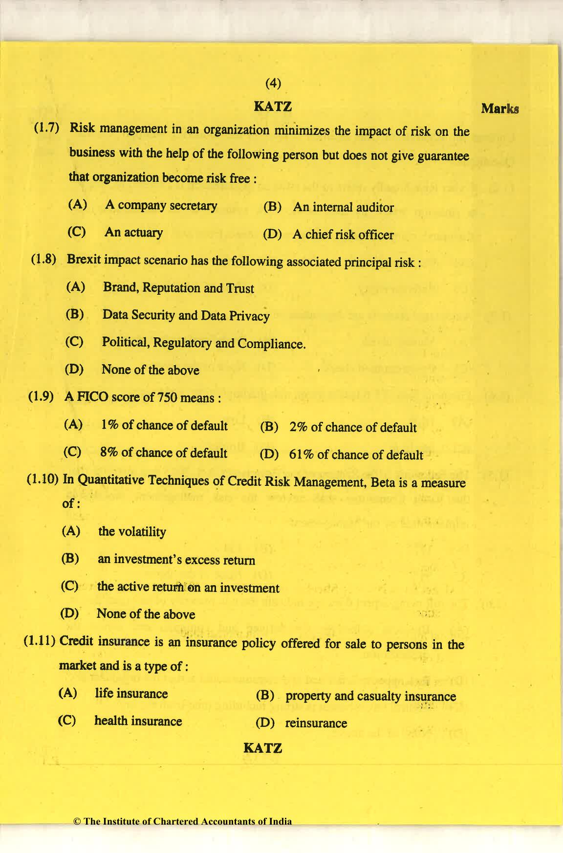 CA Final Nov 2018 Question Paper - Paper 6A – Risk Management - Page 4