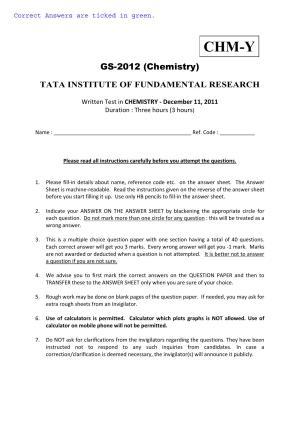 TIFR GS 2012 Chemistry Y Question Paper