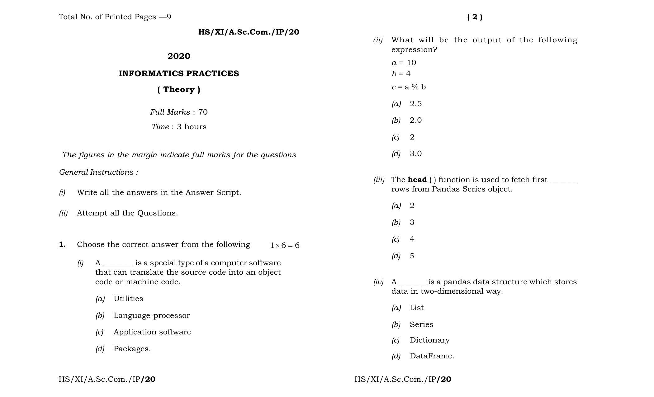 Meghalaya Board (MBOSE) Class 11 Information Practices 2020 Question Paper - Page 1