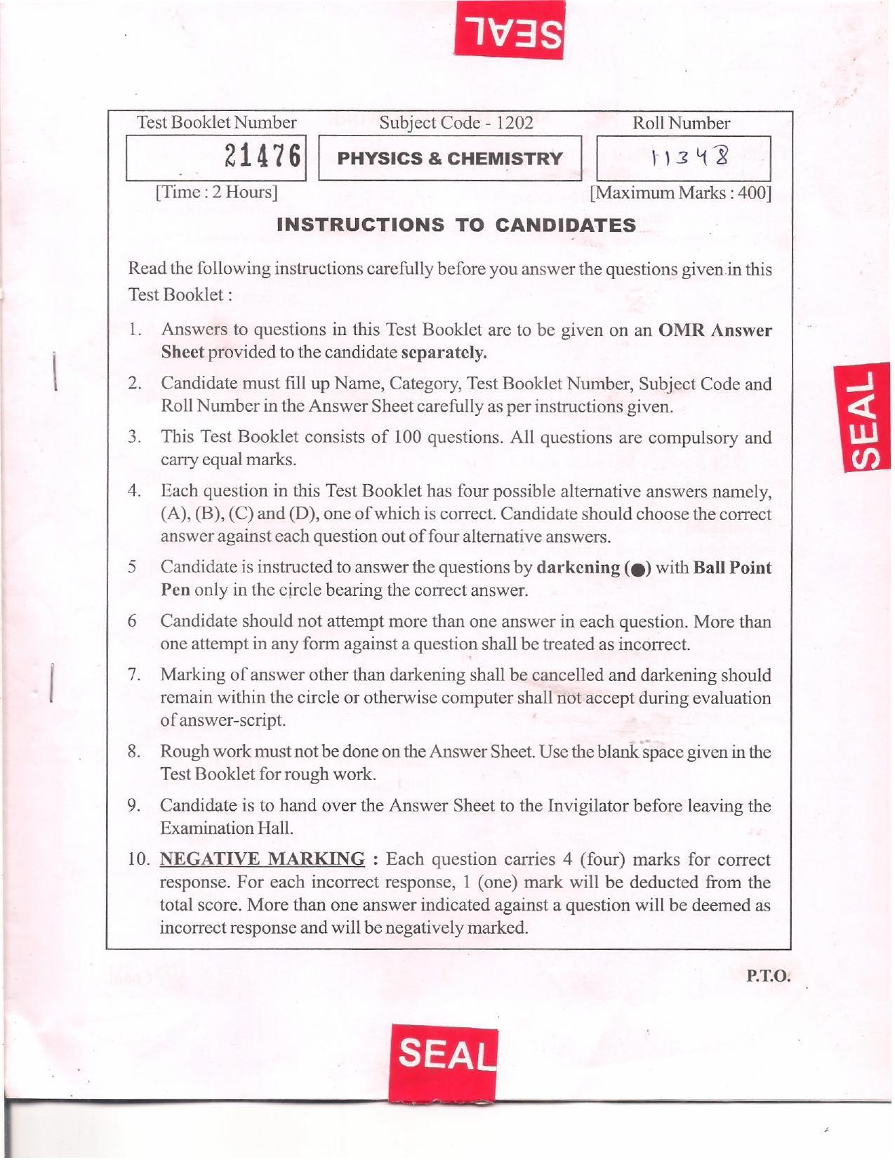 APJEE Physics & Chemistry 2012 Question Paper - Page 1