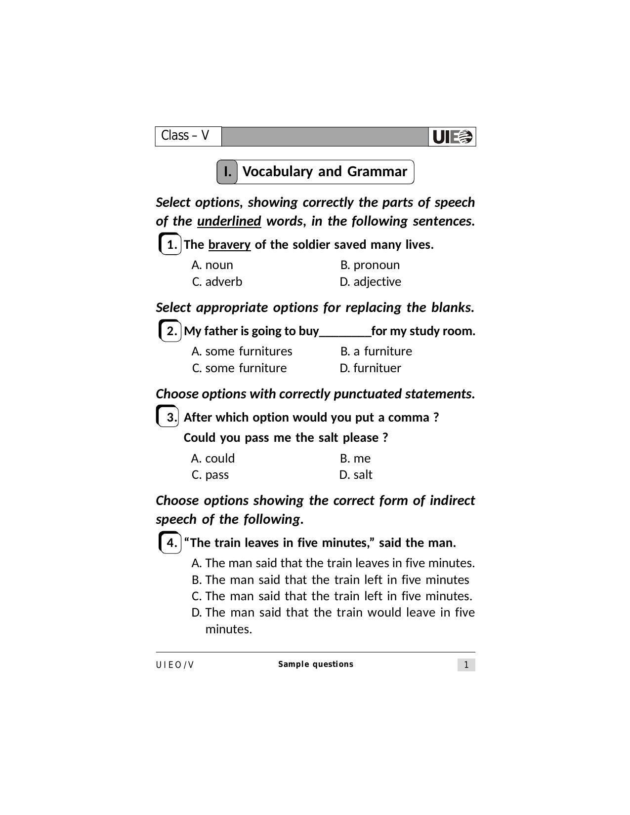 UIEO Sample Paper for Class 5 - Page 1