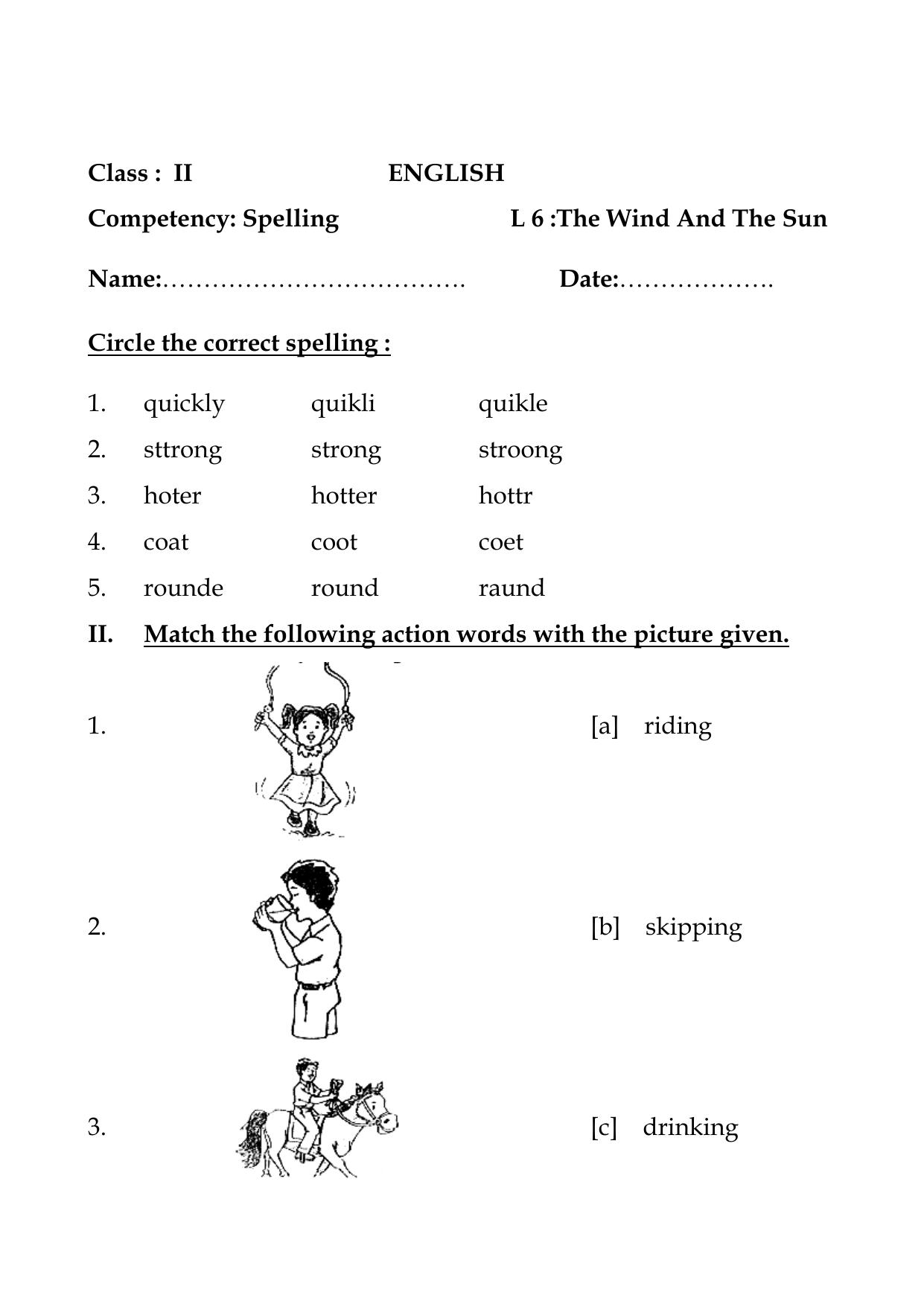 Worksheet for Class 2 English Assignment 24 Wind and Sun - Page 1