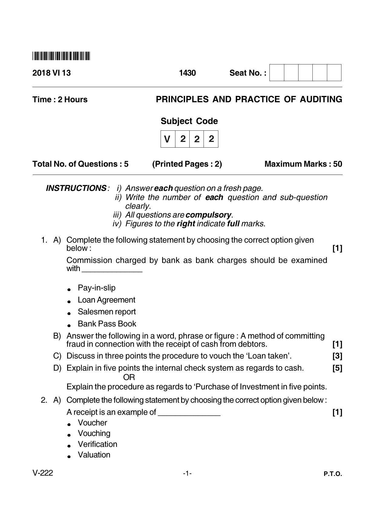 Goa Board Class 12 Accountancy  Voc 222 (June 2018) Question Paper - Page 1