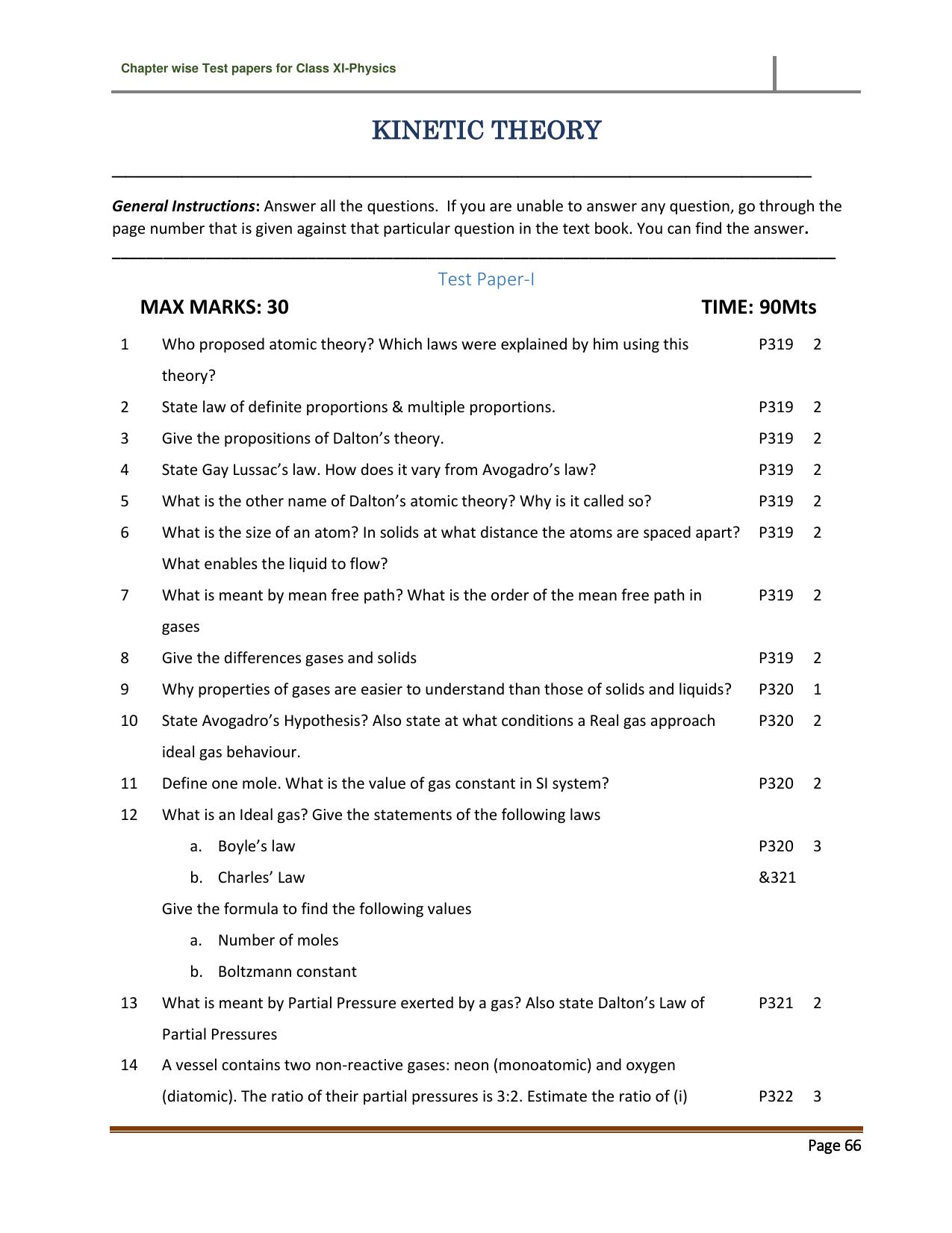 CBSE Worksheets for Class 11 Physics Kinetic Theory Assignment 1 - Page 1