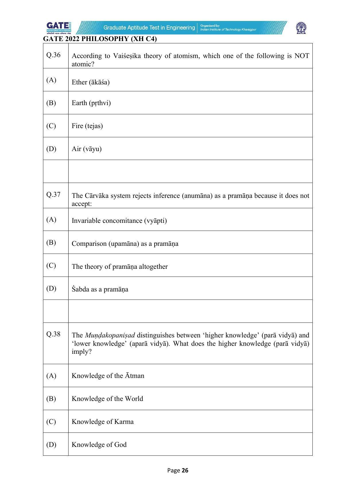 GATE 2022 Humanities & Social Sciences - Philosophy (XH-C4) Question Paper - Page 26