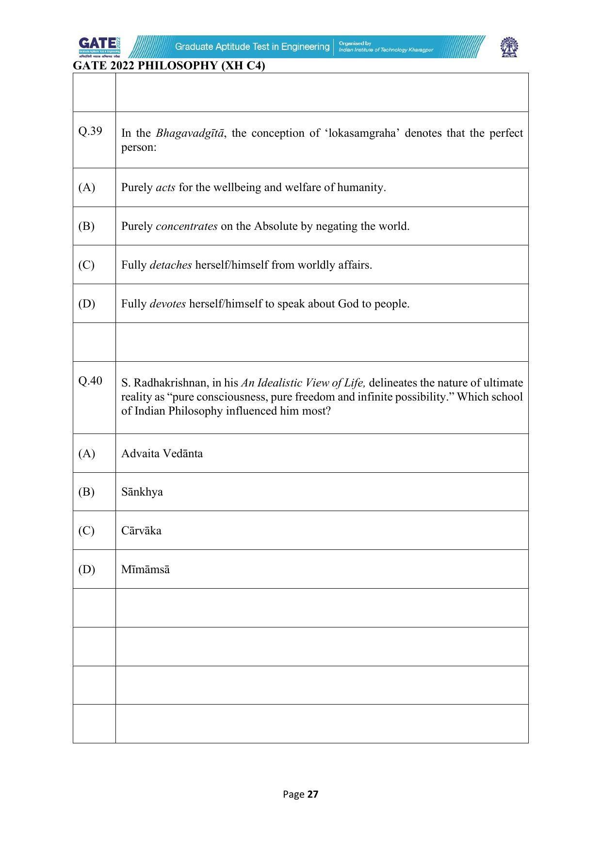 GATE 2022 Humanities & Social Sciences - Philosophy (XH-C4) Question Paper - Page 27