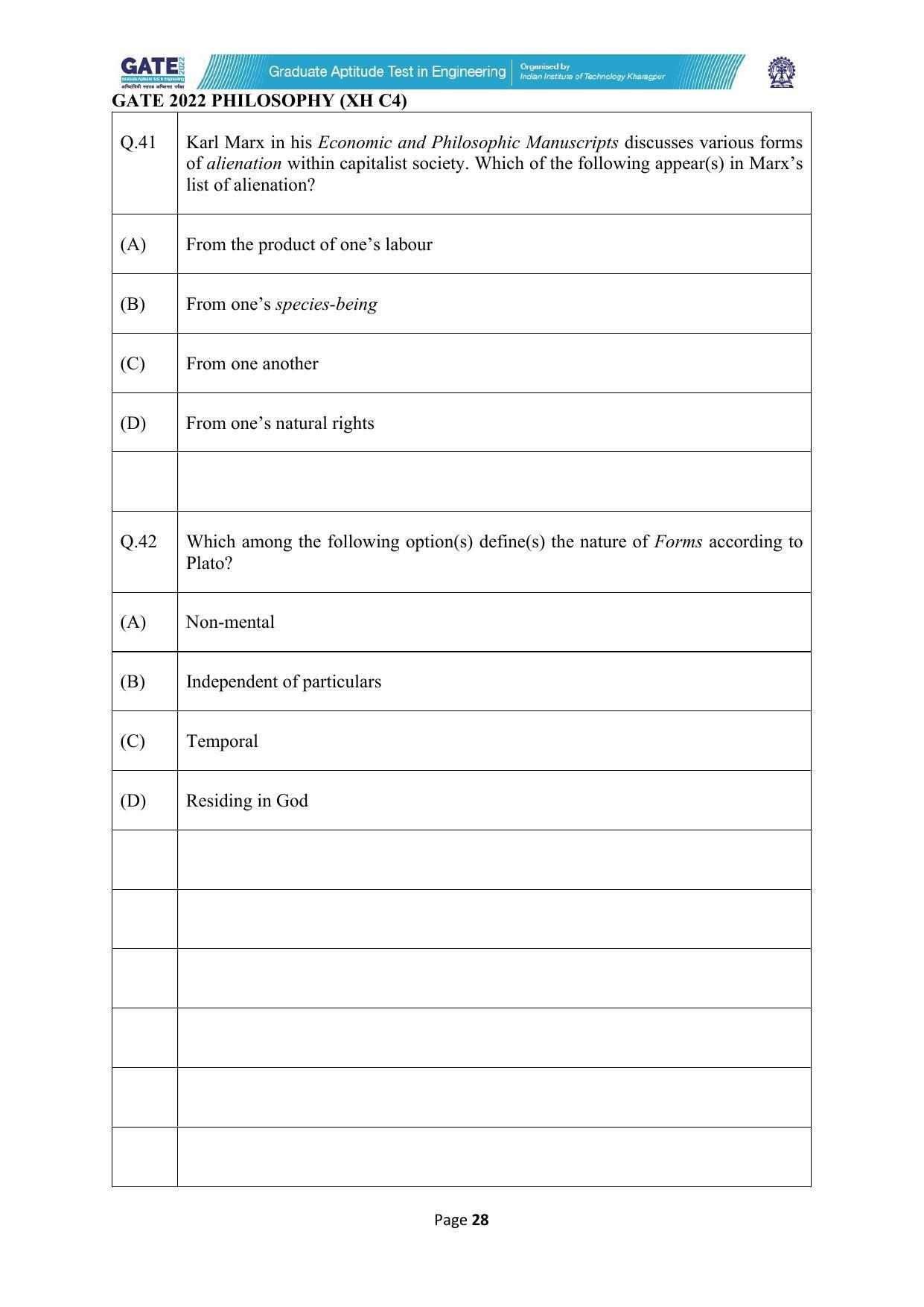 GATE 2022 Humanities & Social Sciences - Philosophy (XH-C4) Question Paper - Page 28