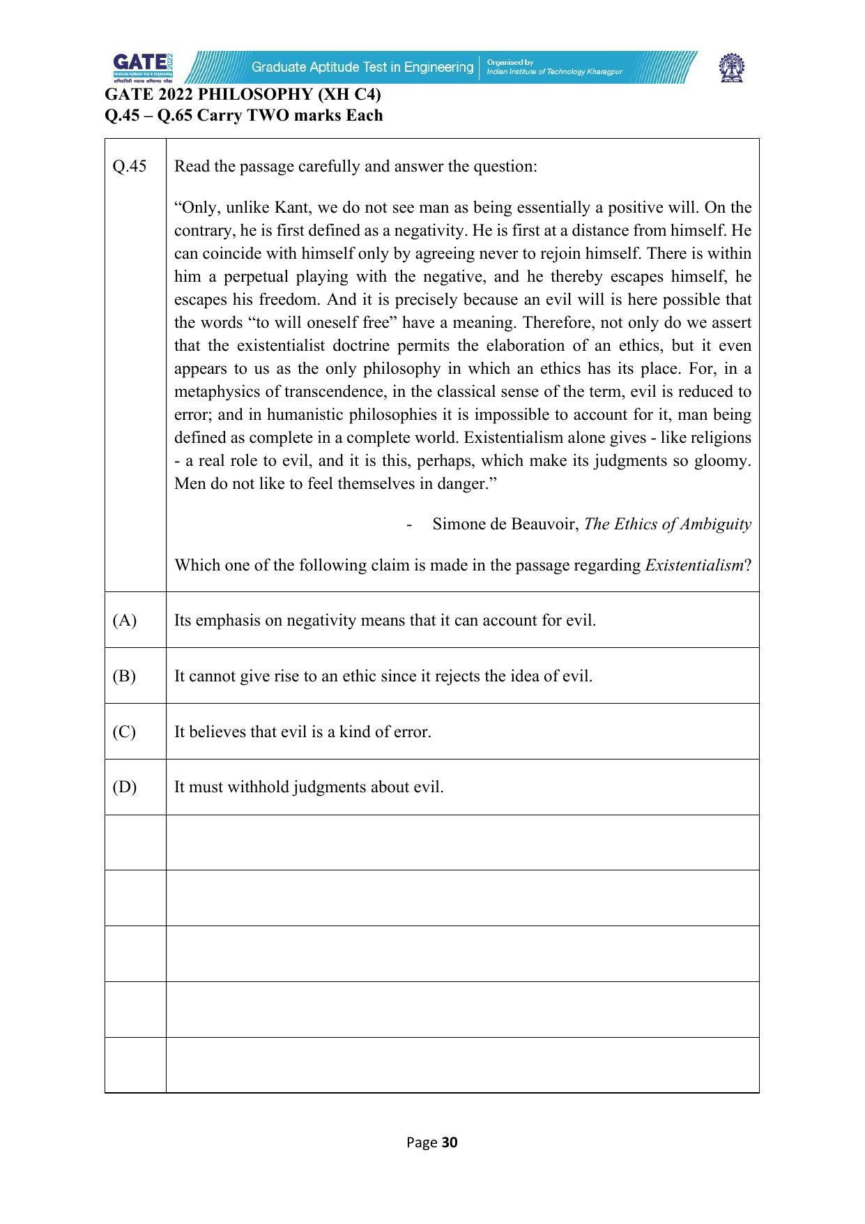 GATE 2022 Humanities & Social Sciences - Philosophy (XH-C4) Question Paper - Page 30