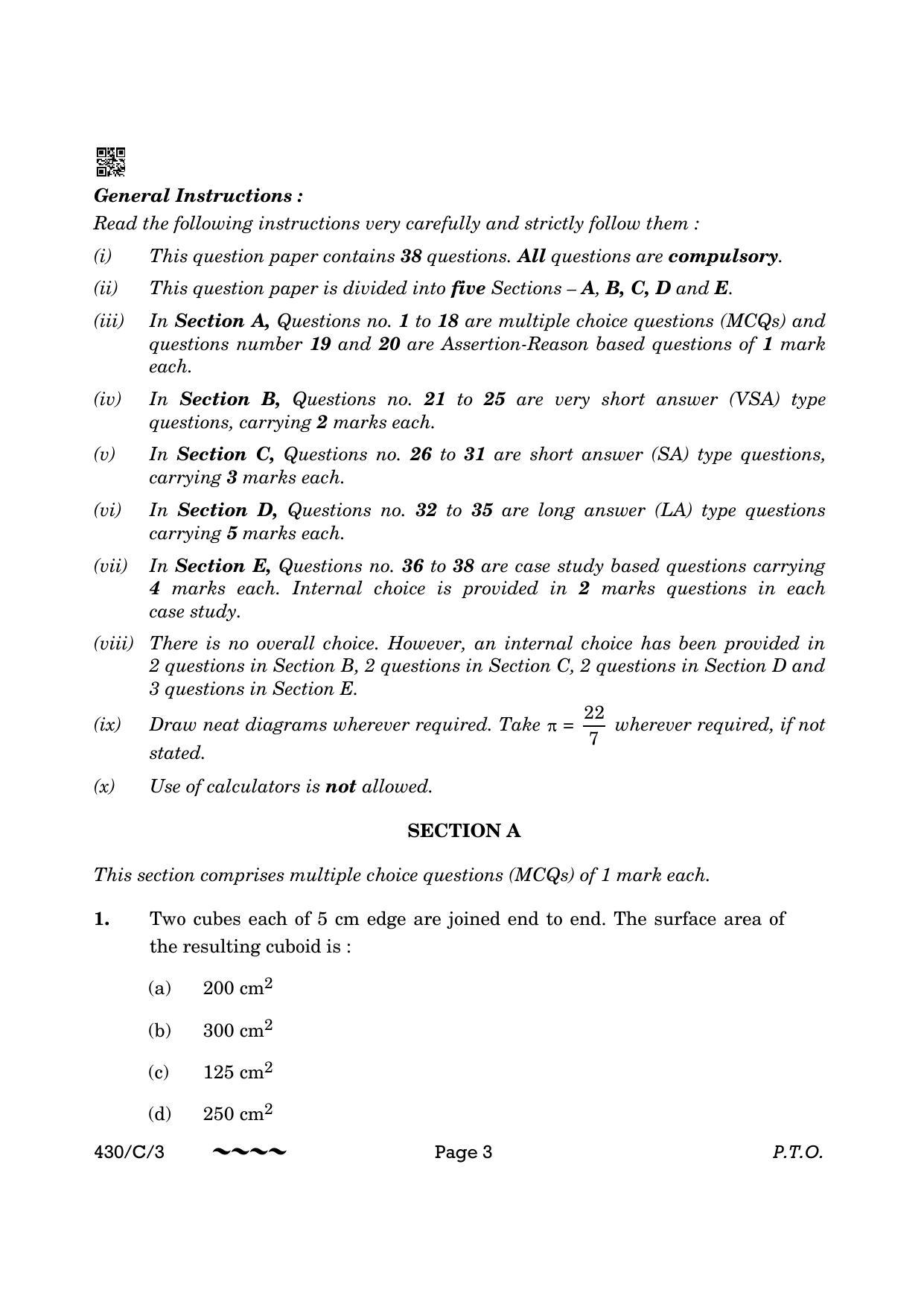 CBSE Class 10 430-3 Maths Basic 2023 (Compartment) Question Paper - Page 3