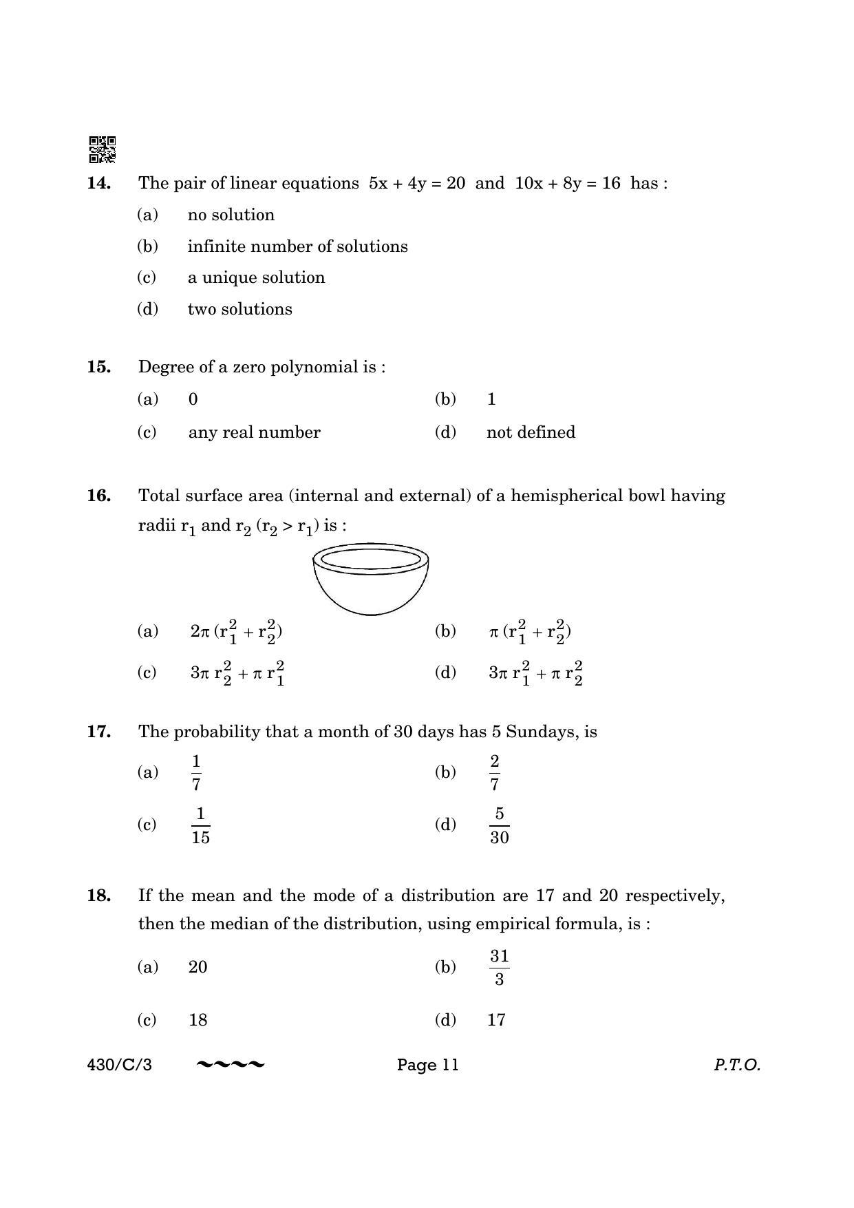 CBSE Class 10 430-3 Maths Basic 2023 (Compartment) Question Paper - Page 11