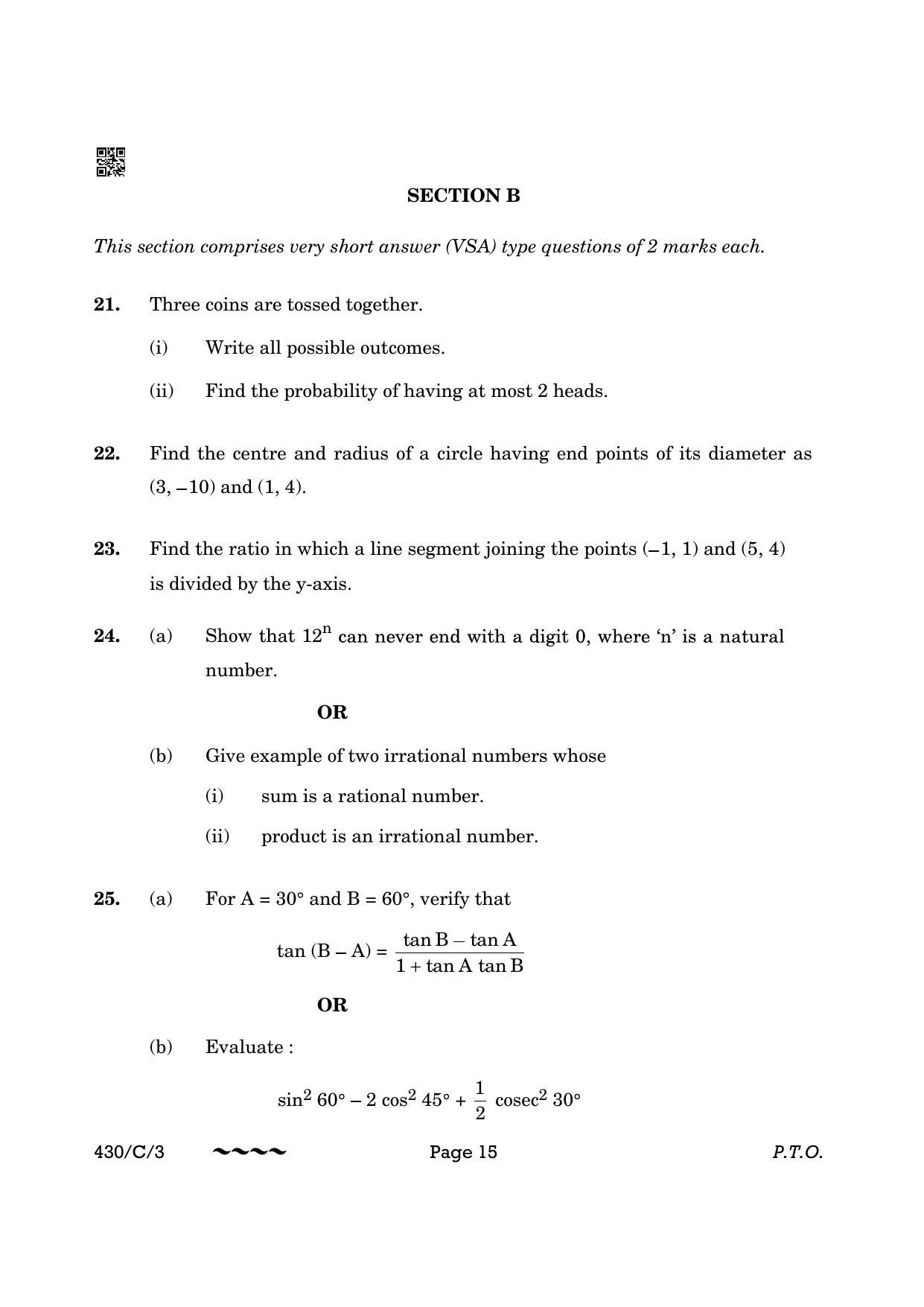 CBSE Class 10 430-3 Maths Basic 2023 (Compartment) Question Paper - Page 15