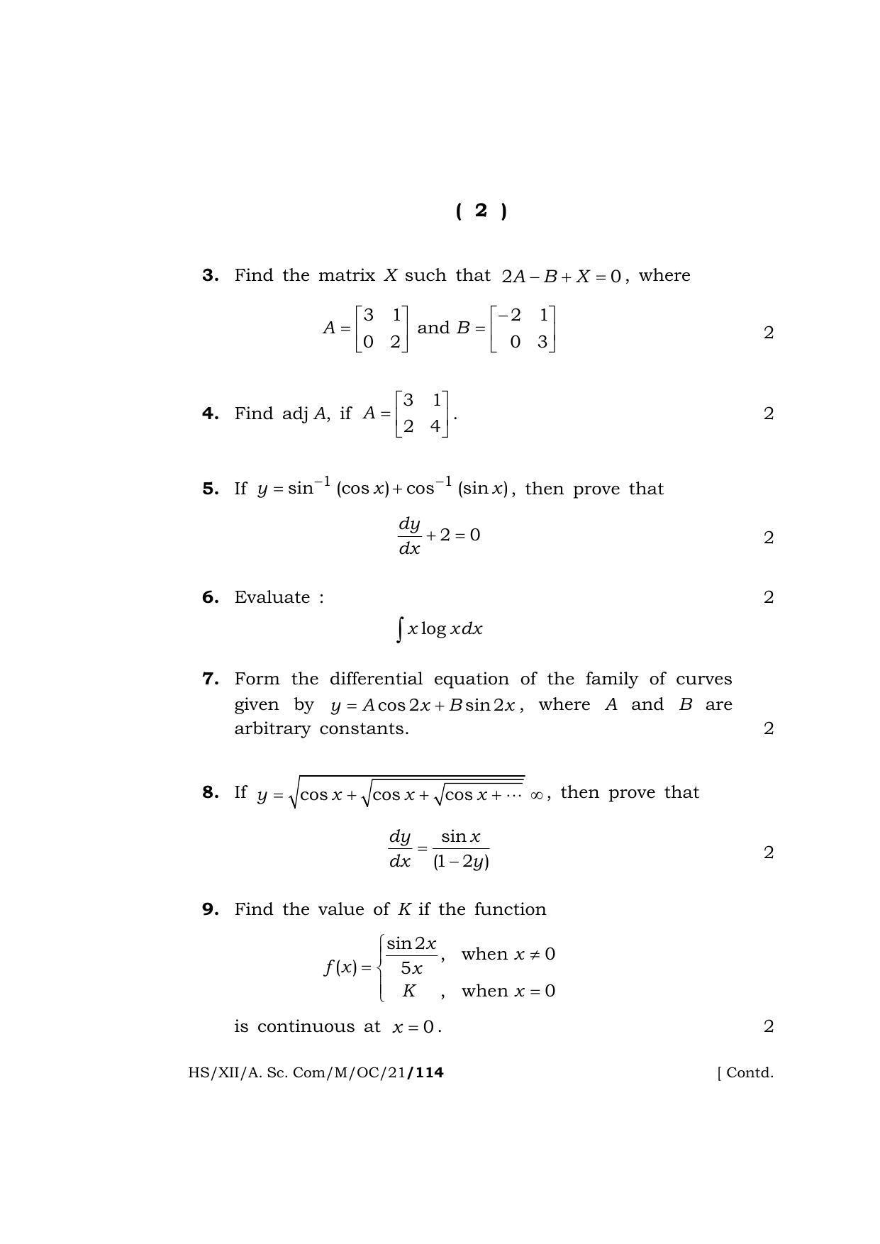 Meghalaya Board (MBOSE) Class 12 MATHEMATICS (Old Course) (HS-XII-A. Sc. Com-M-OC-21) 2021 Question Paper - Page 2