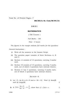 Meghalaya Board (MBOSE) Class 12 MATHEMATICS (Old Course) (HS-XII-A. Sc. Com-M-OC-21) 2021 Question Paper