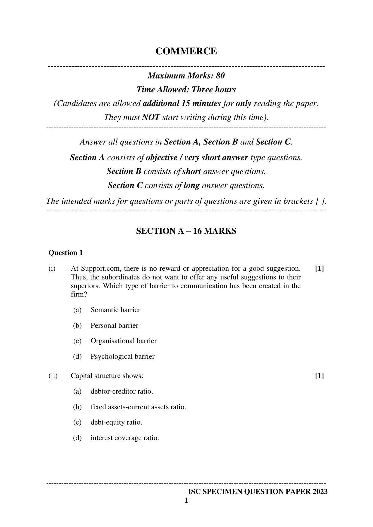 ISC Class 12 Commerce Sample Paper 2023 - Page 1