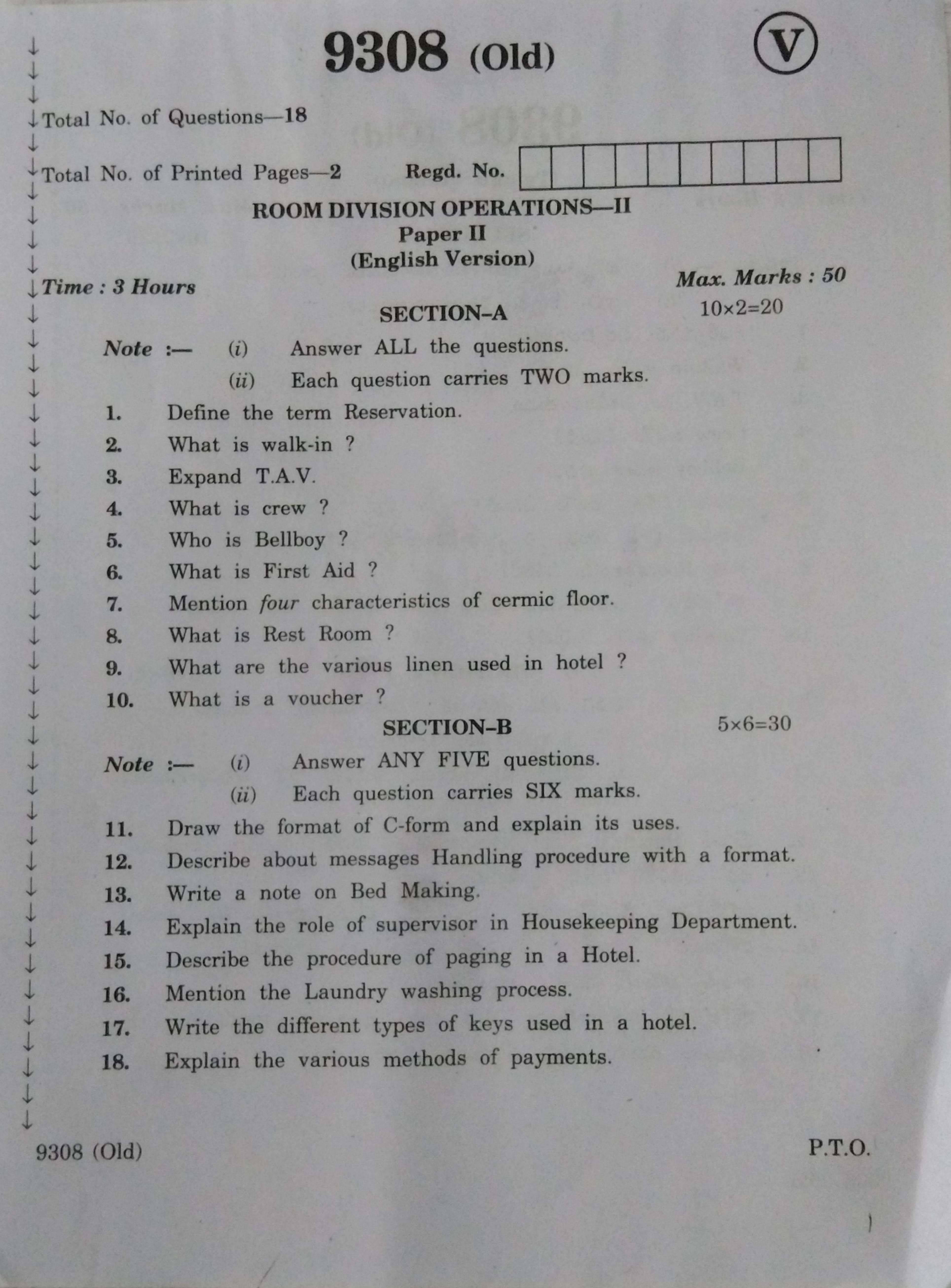 AP Inter 2nd Year Vocational Question Paper March - 2020 - Room Division Operations-II (old) - Page 1