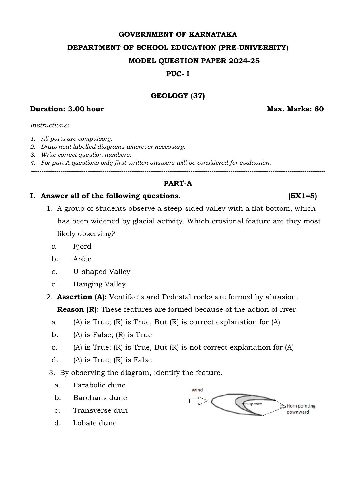 Karnataka 1st PUC Geology Model Question Paper 2025 - Page 1