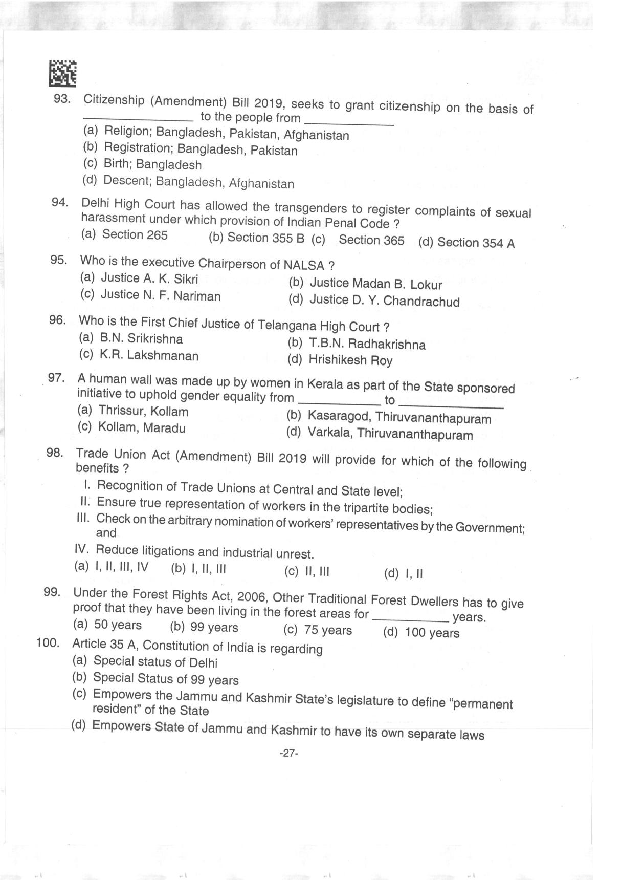 AILET 2019 Question Paper for BA LLB - Page 27