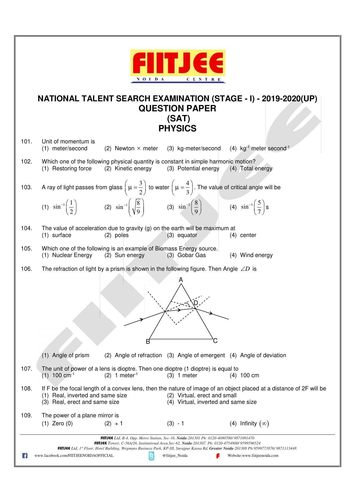 Uttar Pradesh NTSE 2020 SAT Question Papers - Page 1