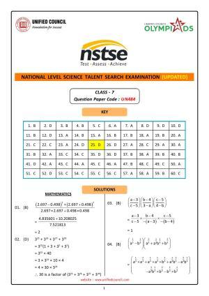 NSTSE 2023 Class 7 Answer Key (Paper Code 484)