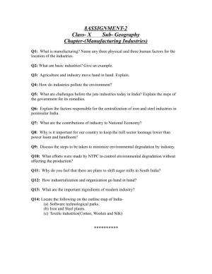 CBSE Worksheets for Class 11 Geography Manufacturing Industries Assignment