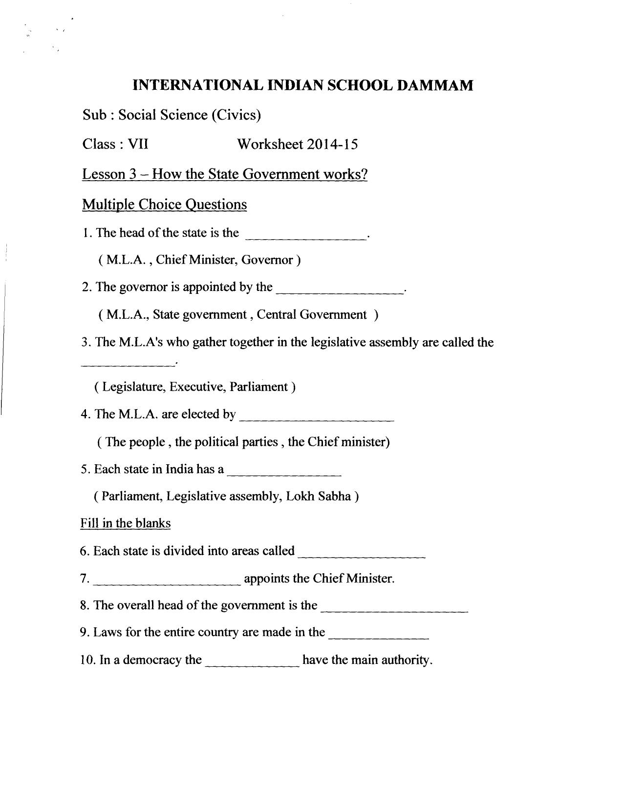 CBSE Worksheets for Class 7 Geography State government Assignment 1 - Page 1