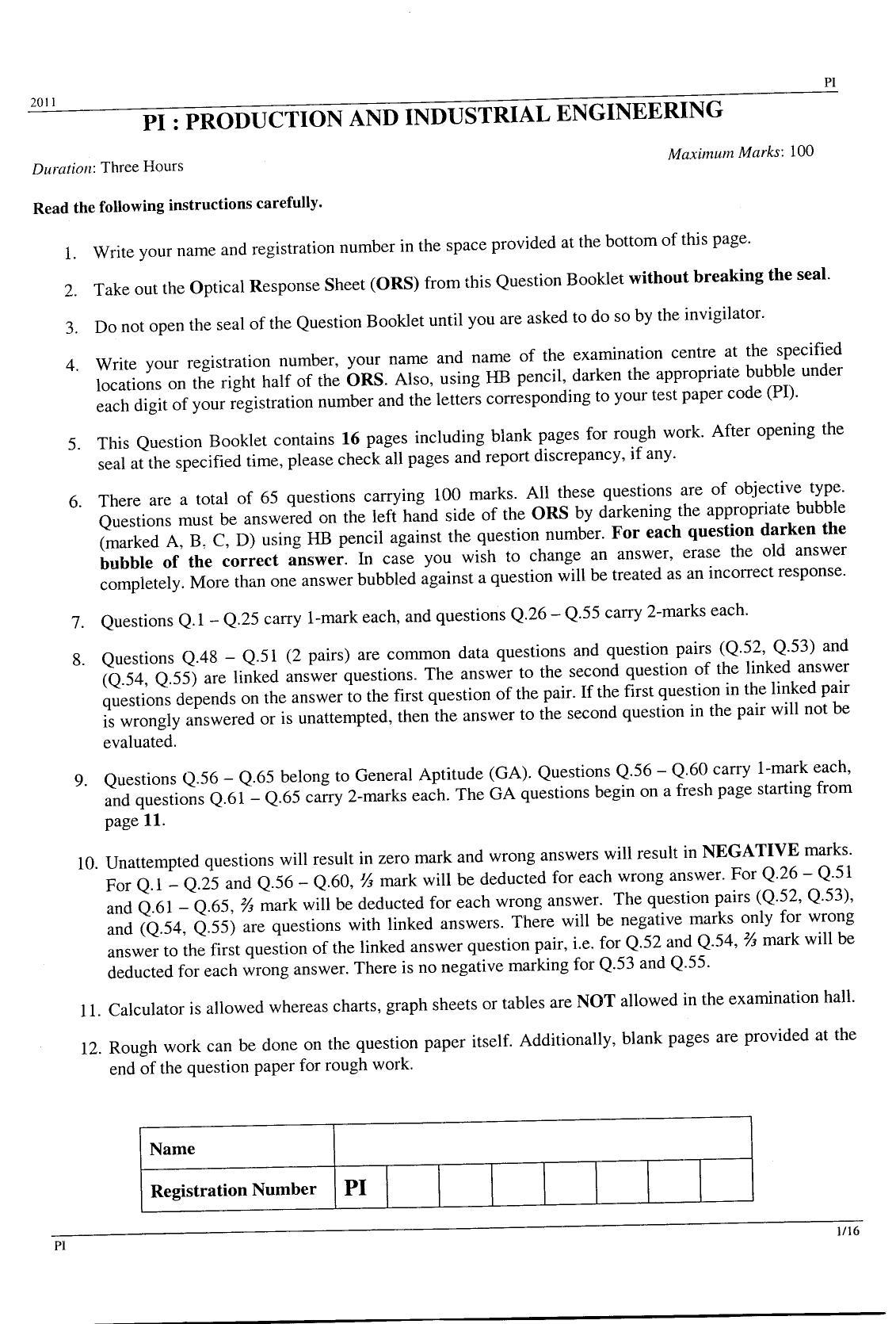 GATE 2011 Production and Industrial Engineering (PI) Question Paper with Answer Key - Page 1