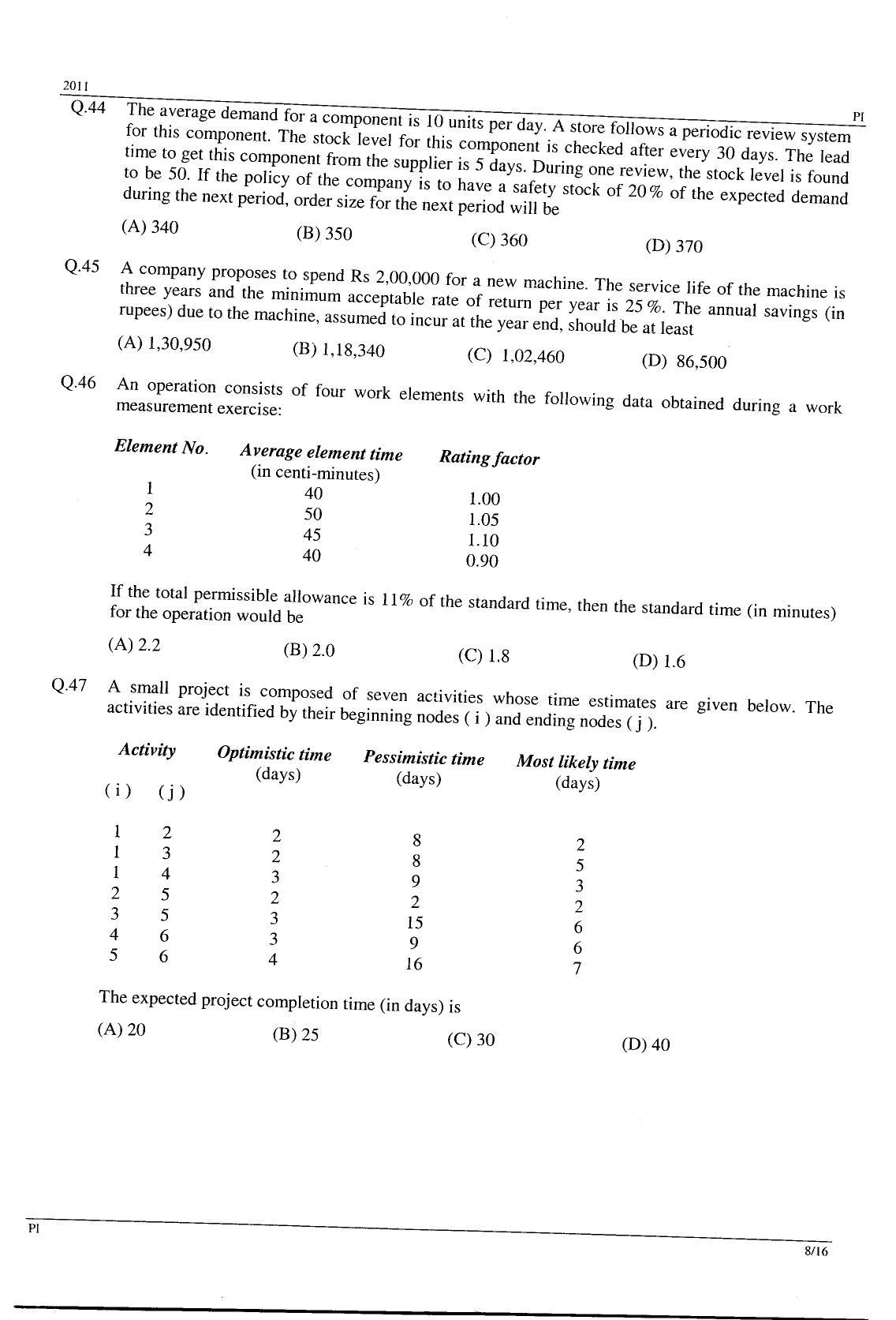 GATE 2011 Production and Industrial Engineering (PI) Question Paper with Answer Key - Page 8