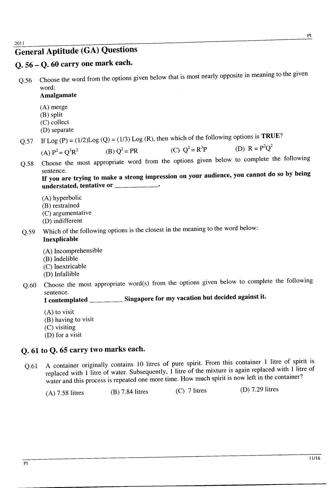 GATE 2011 Production and Industrial Engineering (PI) Question Paper with Answer Key - Page 11