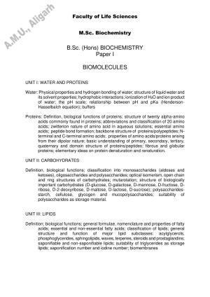 AMU Entrance Exam: M. Sc.(Biochemistry) Syllabus