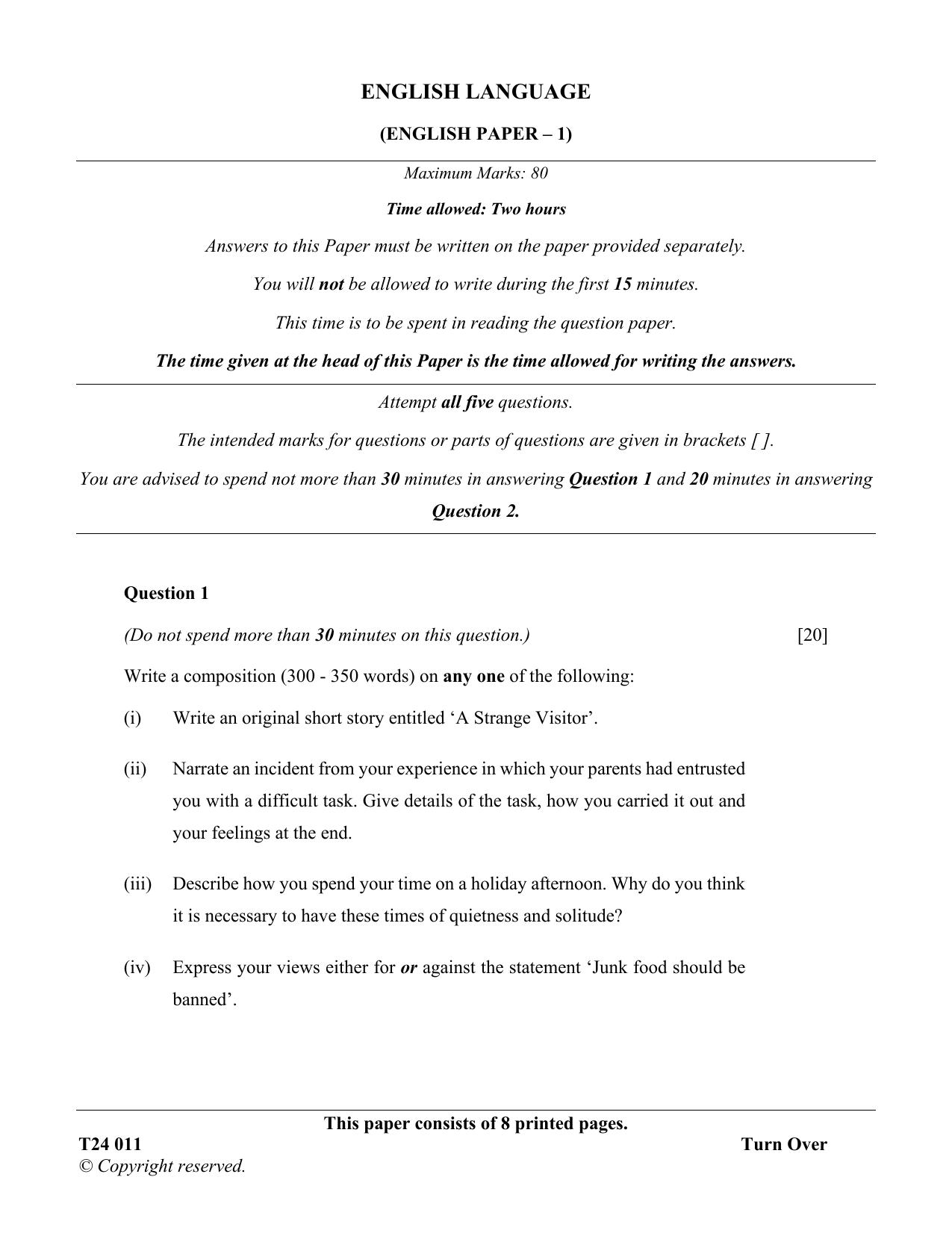 ICSE Class 10 English Language 2024 Question Paper - Page 1