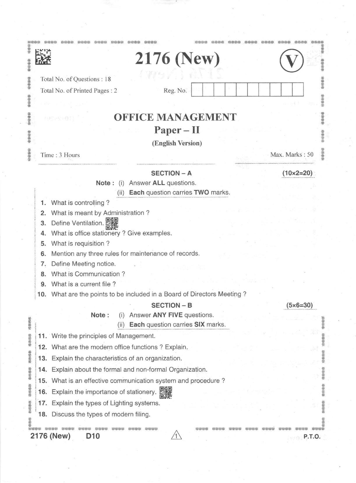 AP Intermediate 2nd Year Vocational Question Paper September-2021 -  Office_Management-II - Page 1