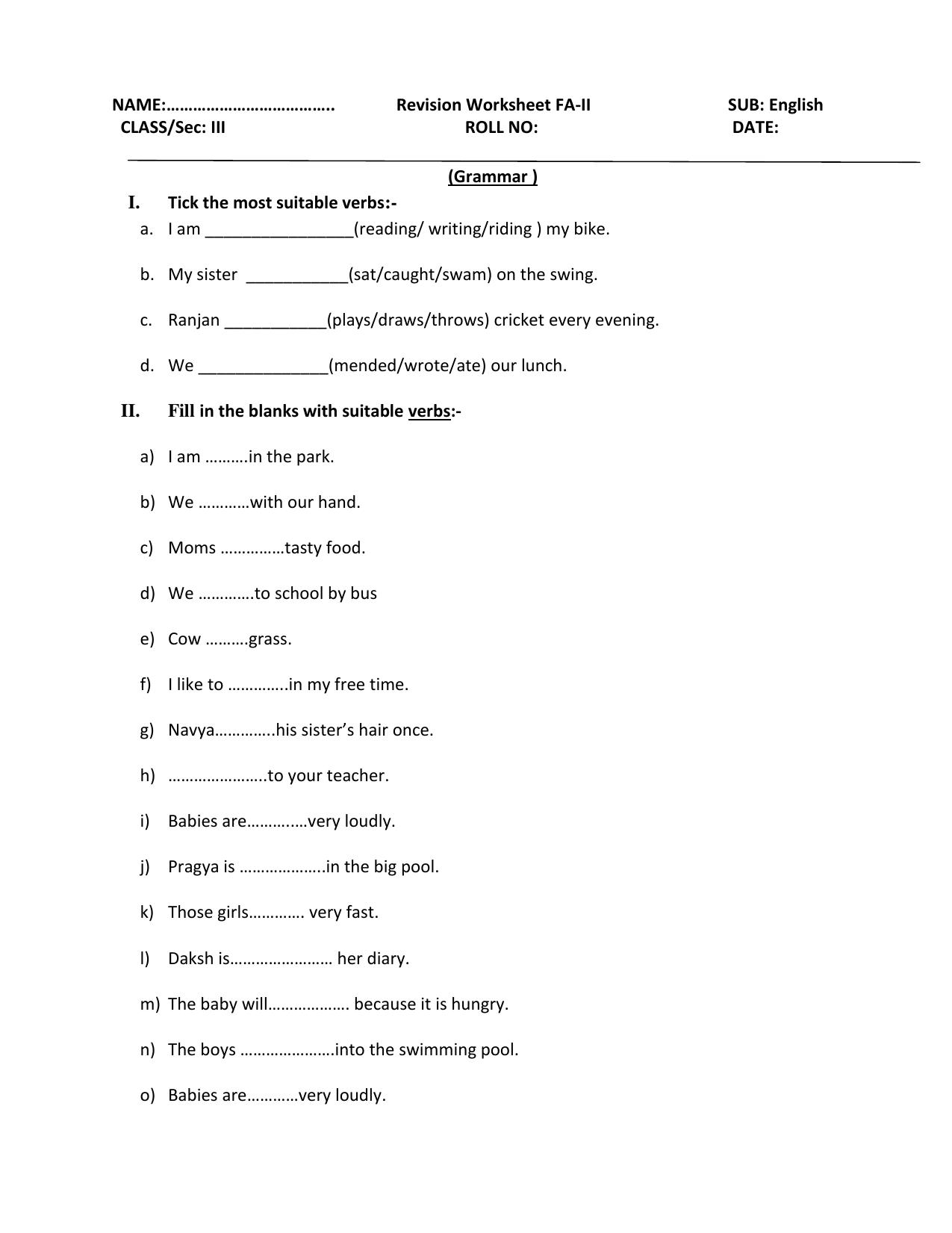 Worksheet for Class 3 English Grammar Assignment I - Page 1