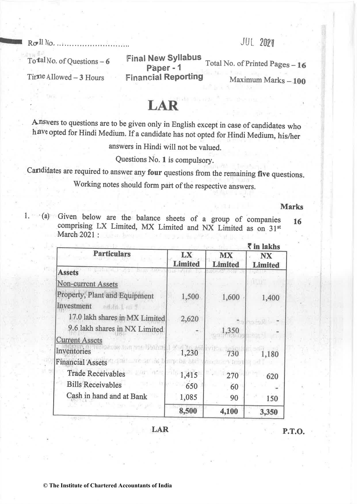 CA Final Jul 2021 Question Paper - Paper 1 – Financial Reporting - Page 1