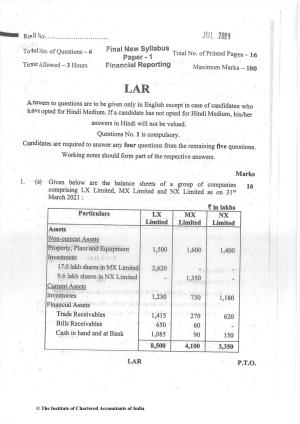 CA Final Jul 2021 Question Paper - Paper 1 – Financial Reporting