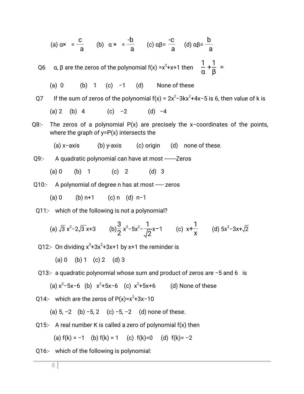 JKBOSE Class 10 Maths: Chapter 2nd Polynomial Question Bank - Page 8