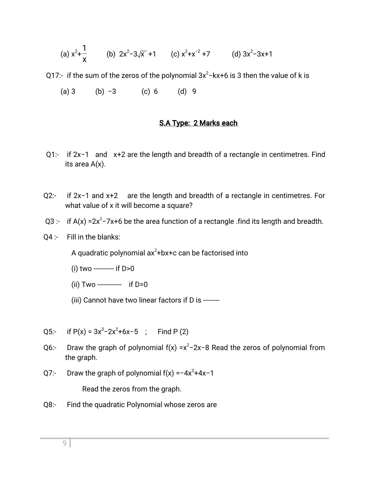 JKBOSE Class 10 Maths: Chapter 2nd Polynomial Question Bank - Page 9